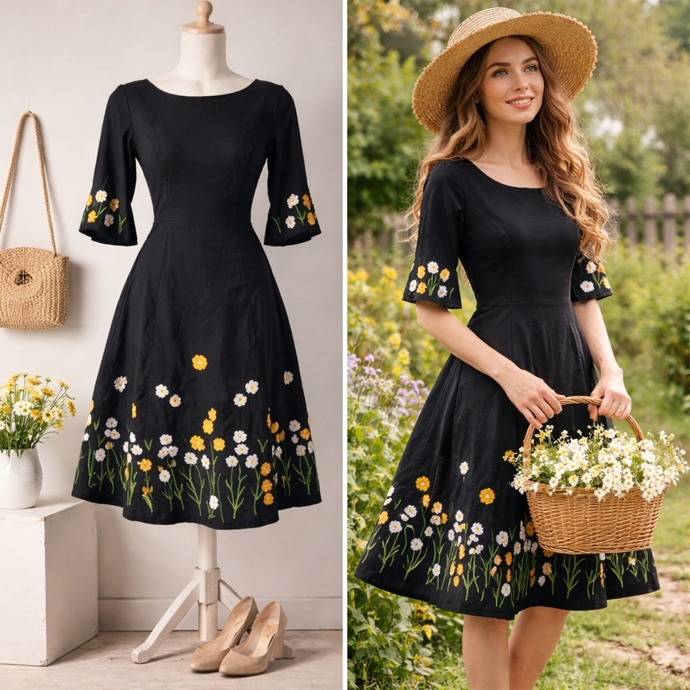 Wayward Fancies eShakti Embroidered Daisy Black Fit & Flare Dress L 12
